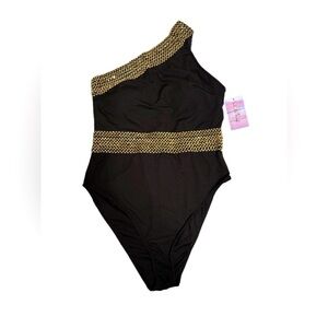 Chic Black and Gold One-Piece Swimsuit with Metallic Accents